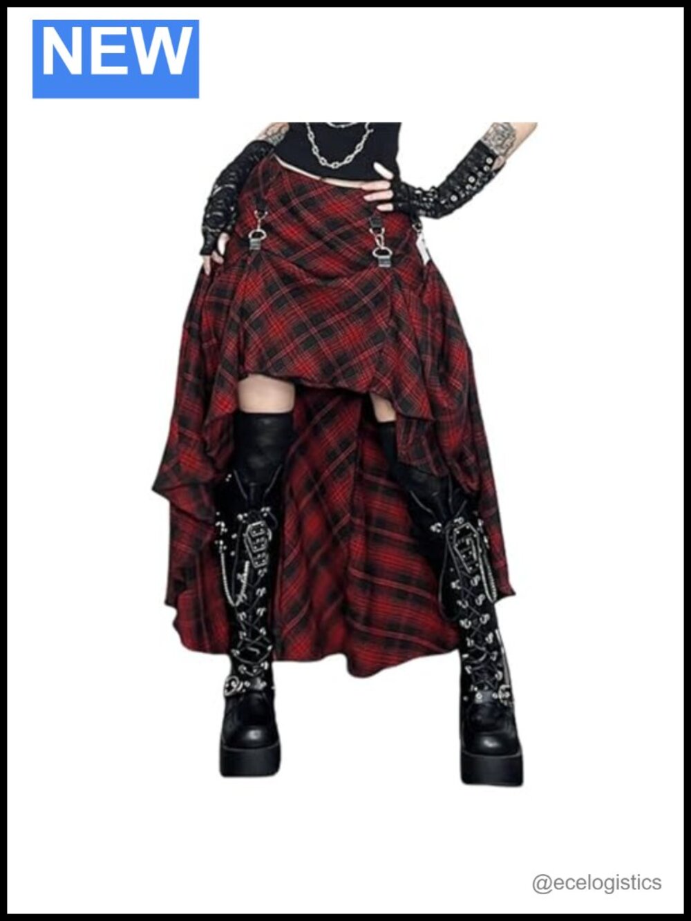 Goth Midi Skirt Asymmetrical High Low Punk Plaid Polyester High Rise